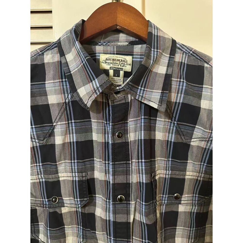 American Rag CIE Men's Large Black Plaid Pearl Snap Western Shirt